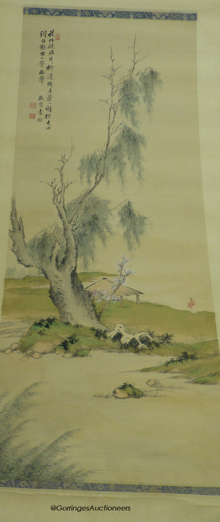 Two late 19th century Chinese scroll paintings, sage in a landscape and buildings in a landscape